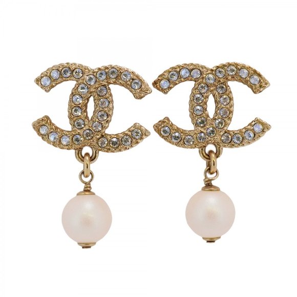 CHANEL Coco Mark GP Plating Fake Pearl Rhinestone Earrings Champagne Gold - Picture 1 of 8